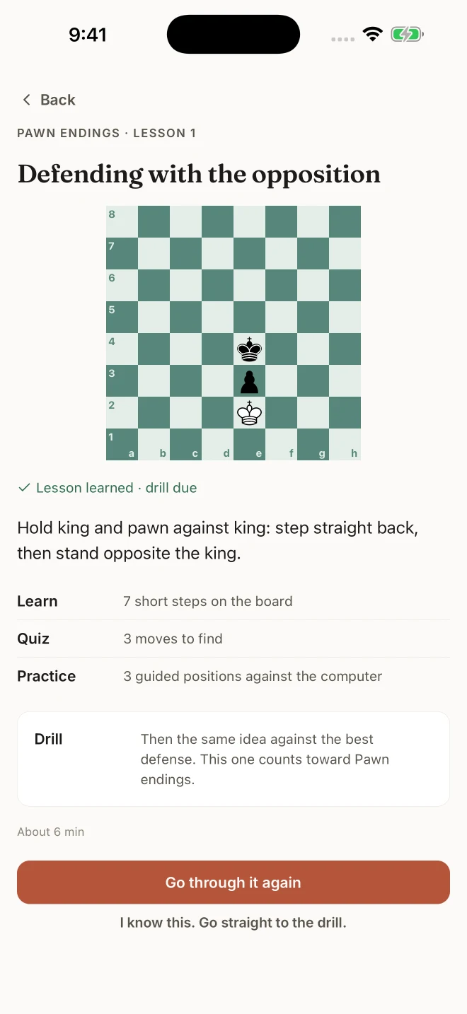 Elo Hell’s opposition lesson shows an explanation, a quiz, and practice positions.