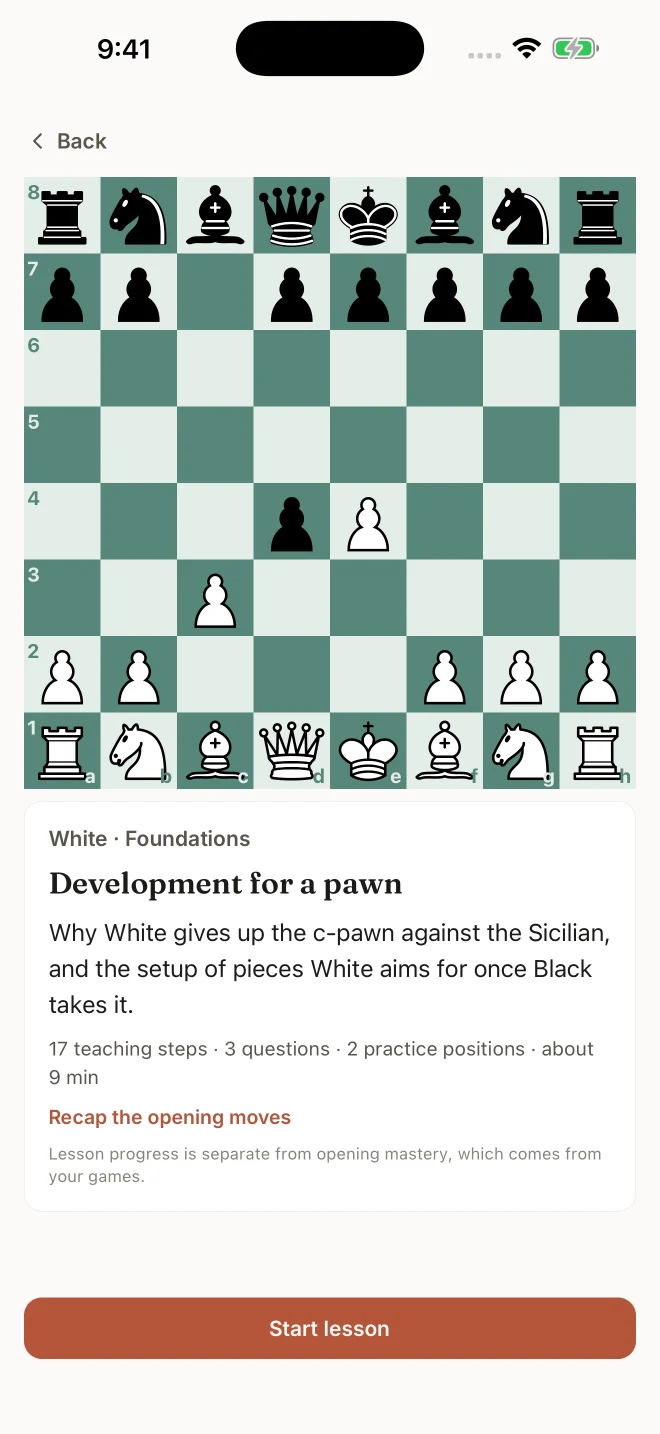 Elo Hell’s Development for a pawn opening lesson, with teaching steps, a quiz, and practice.