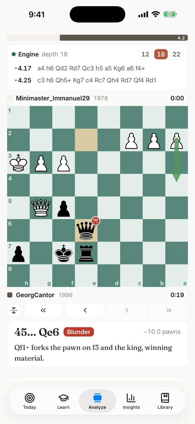Elo Hell analysis shows a queen blunder on the board and explains the stronger move.
